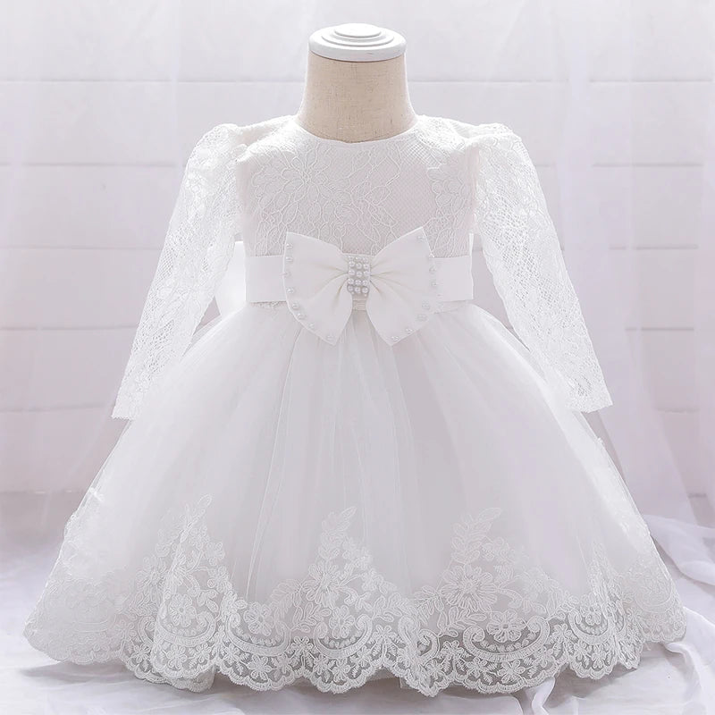 Maxy Baby Girl Baptism Newborn Photography Clothing Toddler Birthday Summer Dress Kids Christening Long Sleeve Lace Bow Ball Gown