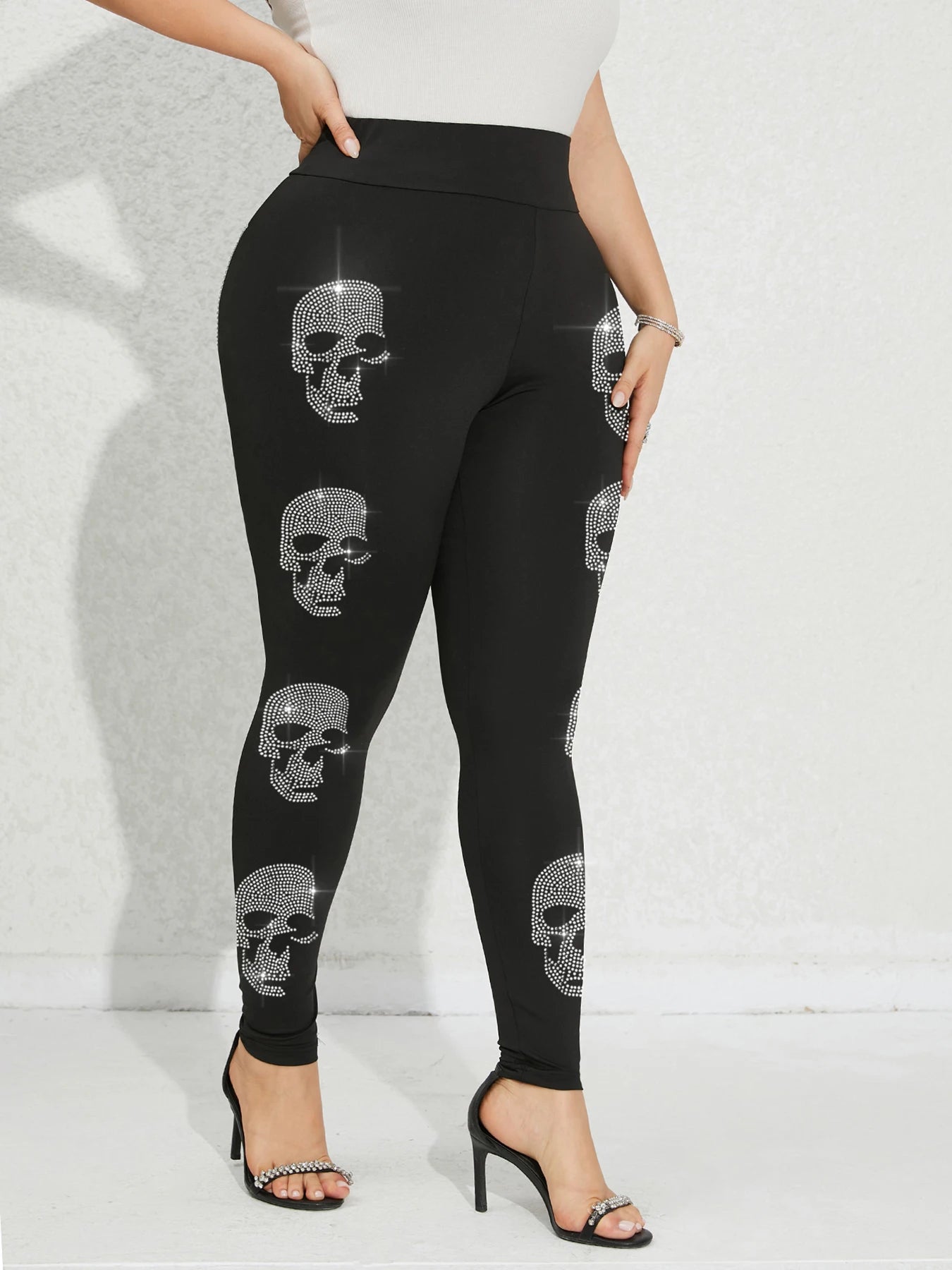 Maxy Plus Size Women's Pants Skeleton Pattern Rhinestone Leggings Gym Elasticity Sports Tights Casual Youthful Female Clothing Winter
