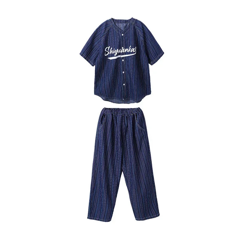 Maxy Kids Boys Girls Stripe Denim Shirts Pants Suits Sets Fashion Streetwear Baseball Shirt Pant Children Tracksuits Hip Hop Clothing