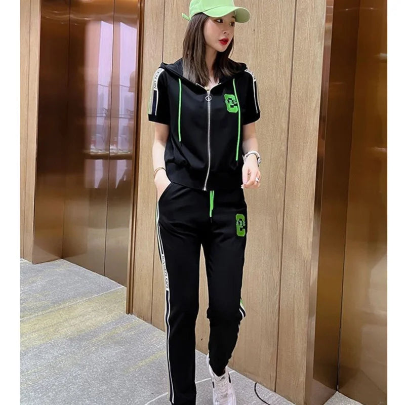 Amay Women's Casual Tracksuit Spring And Autumn New Fashion Suit Plus Size Short Sleeve Hooded Tops Pants 2 Two Piece Set For Women