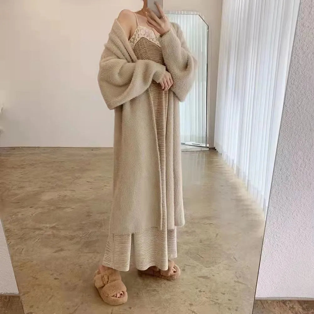 white Long Cardigan for women 2025 new winter clothes Knitted fluffy long sleeve Cashmere sweater coat korean style warm vintage