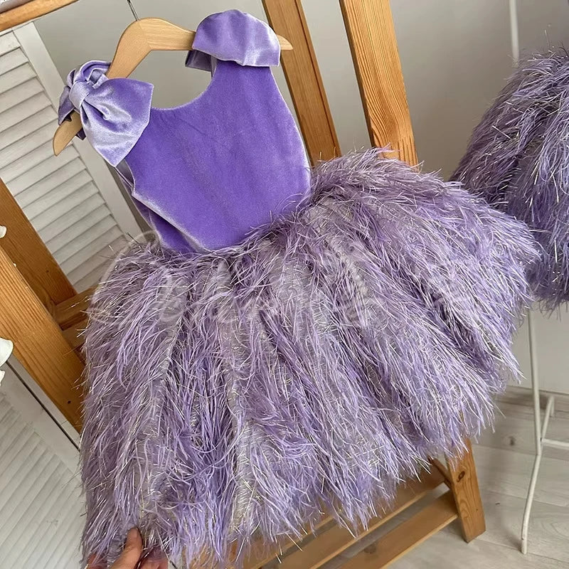 Maxy Fashion Baby Girl Princess Feather Sleeveless Dress Infant Toddler Child Vintage Vestido Party Pageant Birthday Ball Gowns