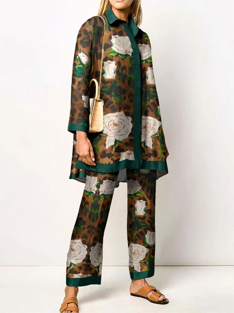 Maxy Autumn New Loose Vintage Printed Pant Sets Women Long Sleeve Shirts And Wide Legs Trousers Two Piece Set Fashion Streetwear