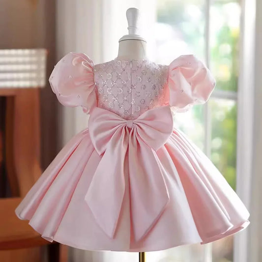 Maxy Princess Satin Beading Short Sleeve Flower Girl Dress Children First Communion Dress Ball Gown Wedding Party Dress Birthday Show