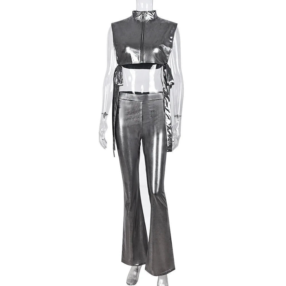 Maxy Women Metallic Gilding Slim Hipster 2 Piece Set Side Hollow Out Bandage Zipper Short Vest Flare Pants Casual Streetwear Outfits