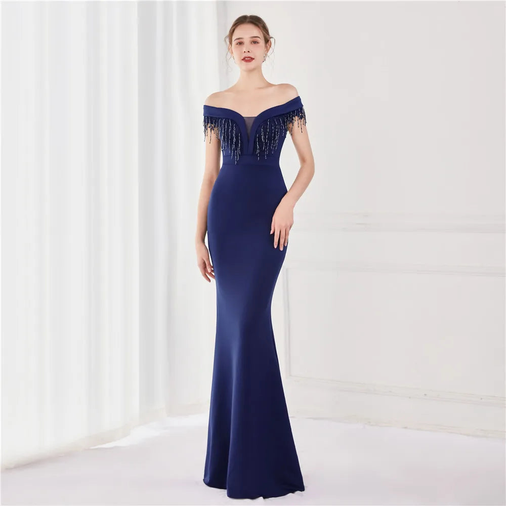 Maxy Evening Dress Navy Blue Stretchy Off the Shoulder Beads Zipper Back Mermaid Trumpet Floor Length Women Party Formal Gowns YE131