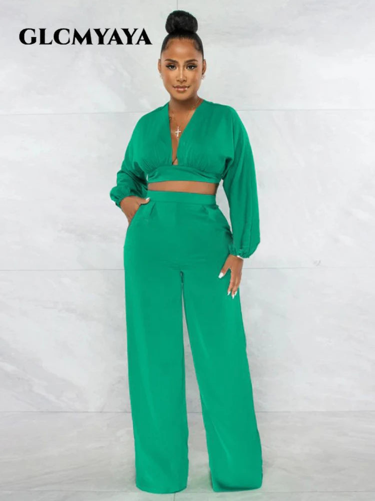 Amay Elegant Solid Straight Wide Leg Pants Suit for Women Long Sleeve Deep V-neck Blouse Shirt Fashion Two 2 Piece Set Outfit