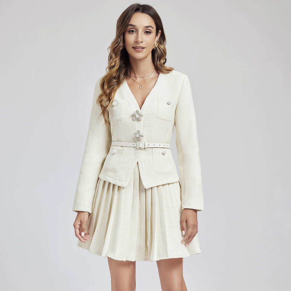 Maxy Designer Autumn Crystal Woolen Tweed Two Piece Set For Women's Long Sleeve Jacket + Short Pleated Skirts Suits Coat 2pcs Outfits