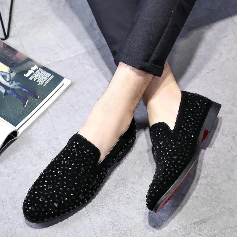Amay Men's Rhinestones Dress Shoes Luxury Italian Style Fashion Party Flats Men Formal Shoes Nightclub Wedding Formal Shoes