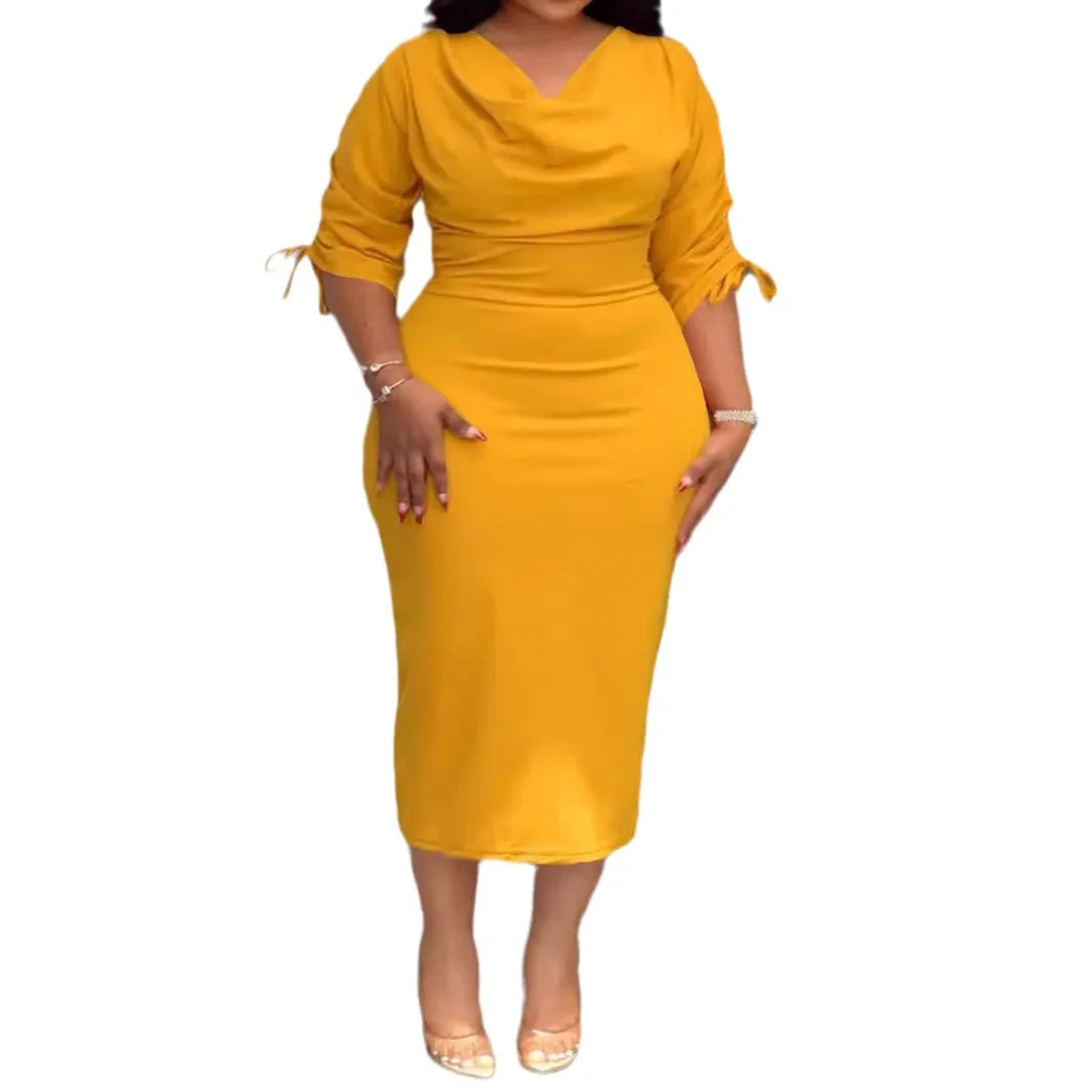 Maxy Plus Size 4XL Women's Autumn/winter New OL Dress Yellow V-neck Drawstring Slit Bodycon Dresses Commuting Office Girl