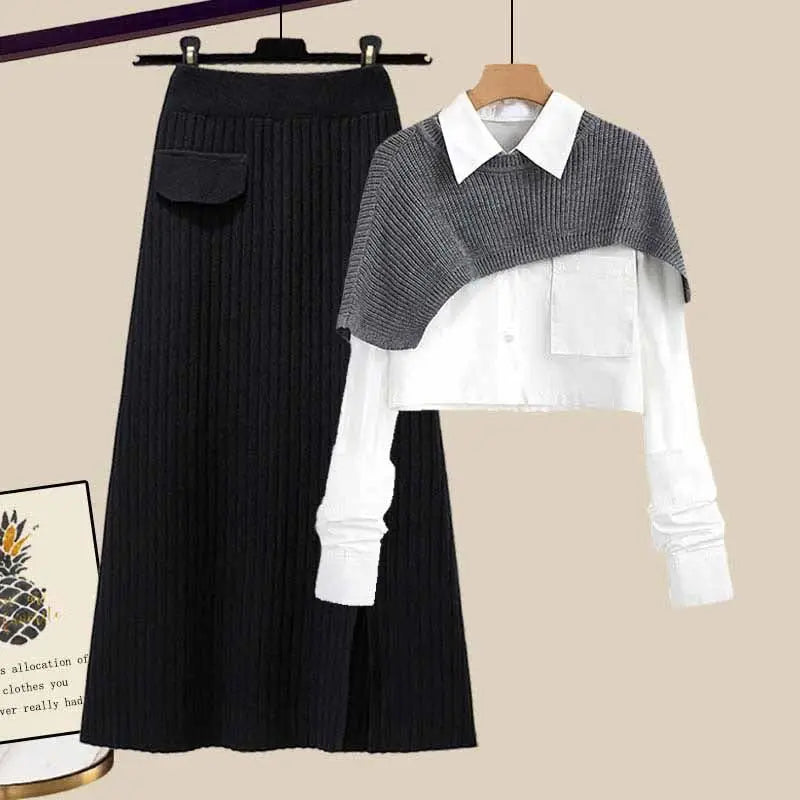 Maxy Women's Autumn and Winter Set New Loose Shawl Shirt High Waist Knitted Half Skirt Minimalist Fashion Two Piece Set