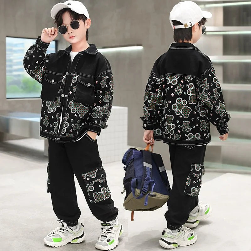 Maxy Boys Coat +Pants Kids Suits 2PCS/Set Cotton Cool Jean Spring Autumn Cotton Jogging Suit Teenagers Children Clothing