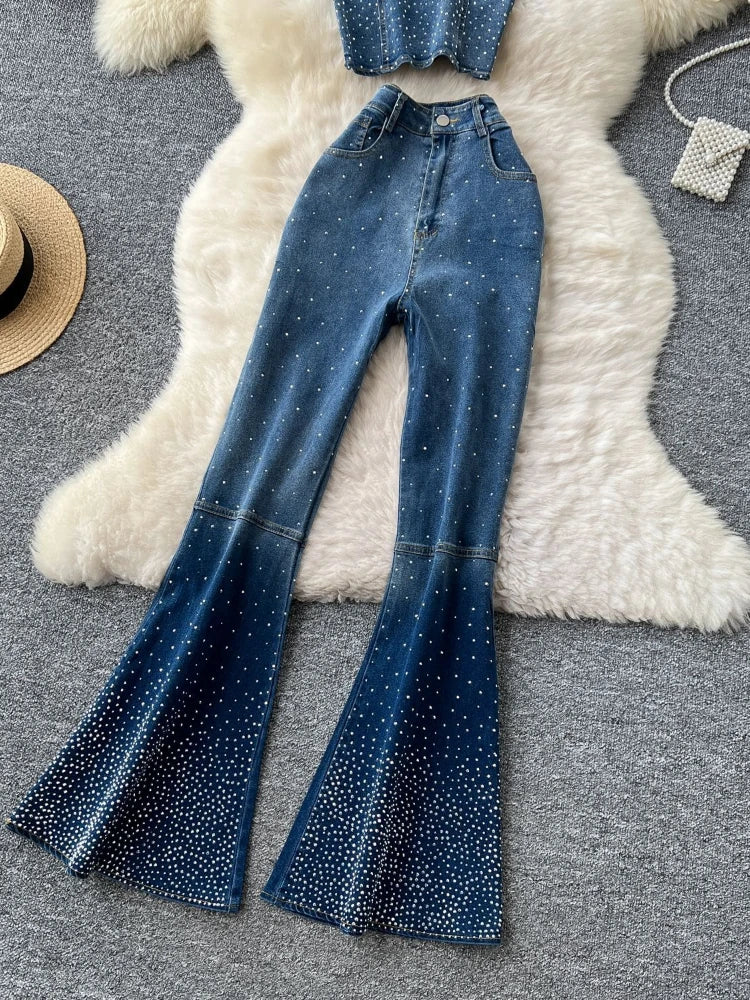 Maxy Denim Pant Set Women Two Piece Sets Sexy Matching Sets Sleeveless Short Tops Long Flare Pants High Waist Slim Hot Diamond