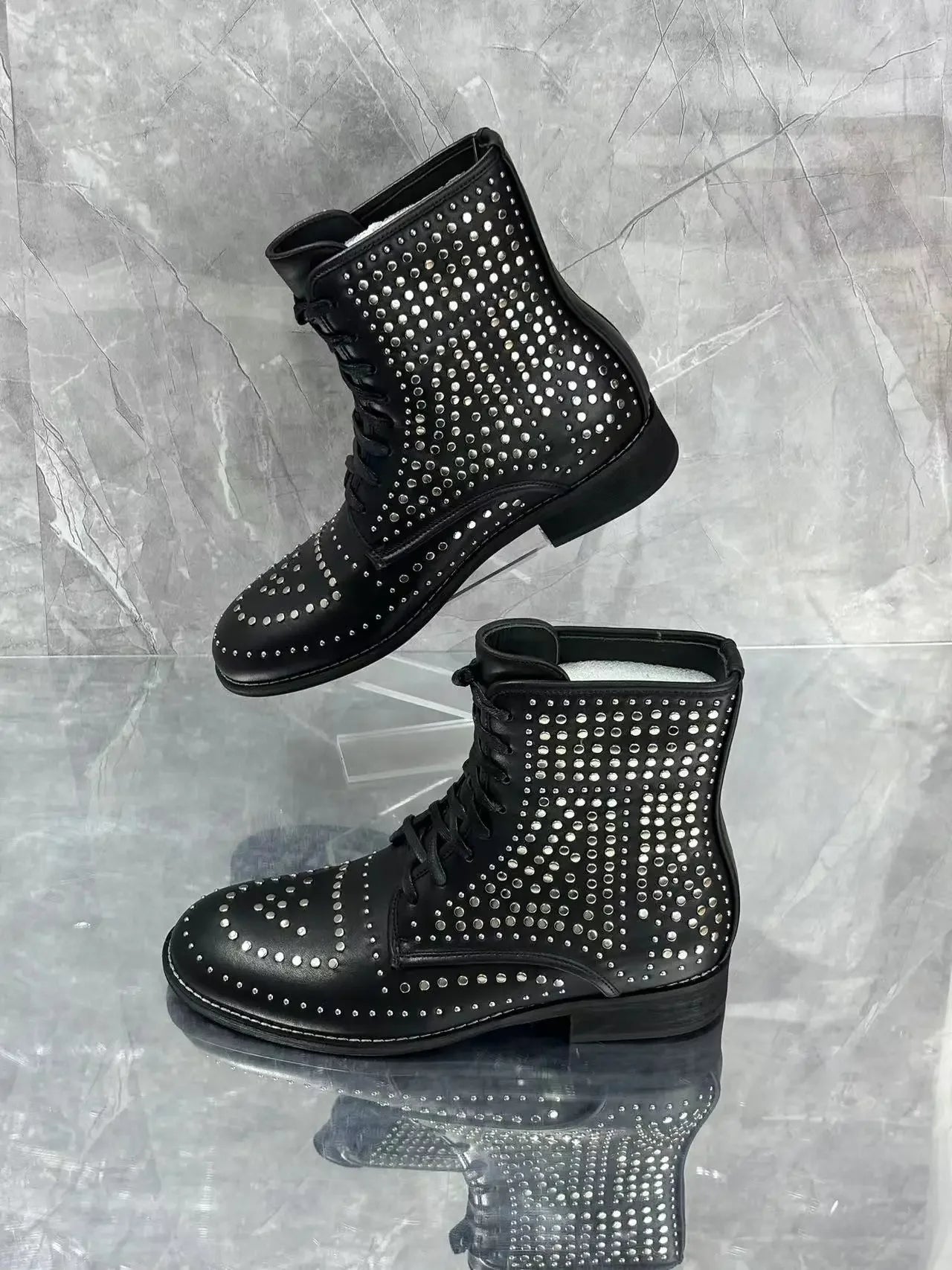 Visco New Black Men's Calf Boots Round Toe Lace-Up Low Heel Rhinestones Inset Punk Style Street Short Botas Large Size Men Shoes