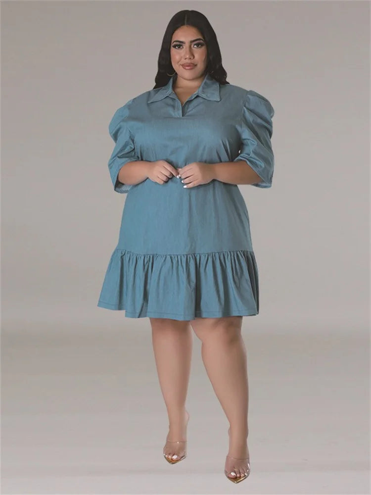 Wmstar Plus Size Denim Dresses for Women Summer Short Sleeve Fashion Casual Bodycon Button Midi Dress Wholesale Dropshipping