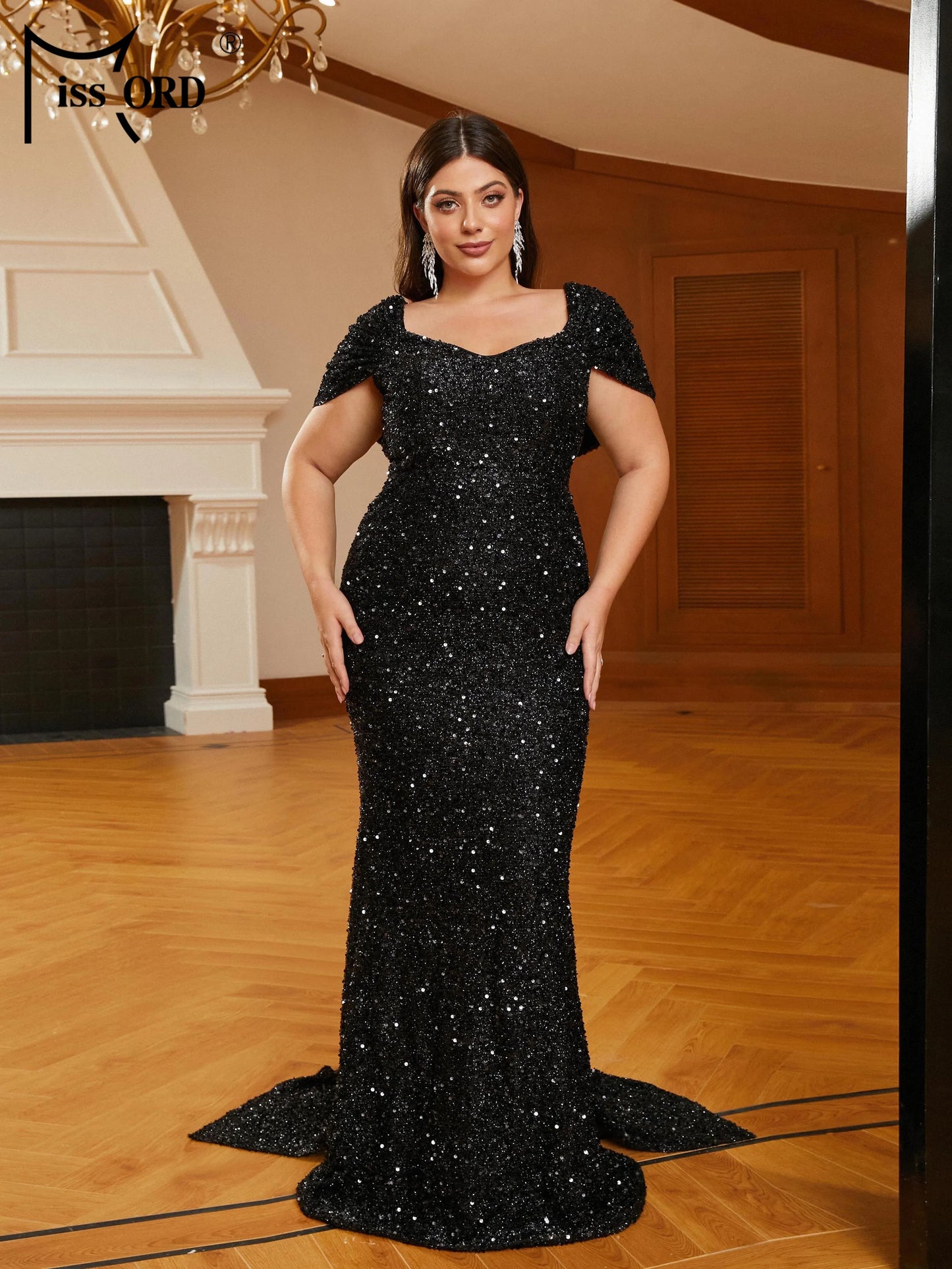 Momsey New Plus Size Black Draped V-neck Short Sleeved Sequin Mermaid Evening Floor Length Dress