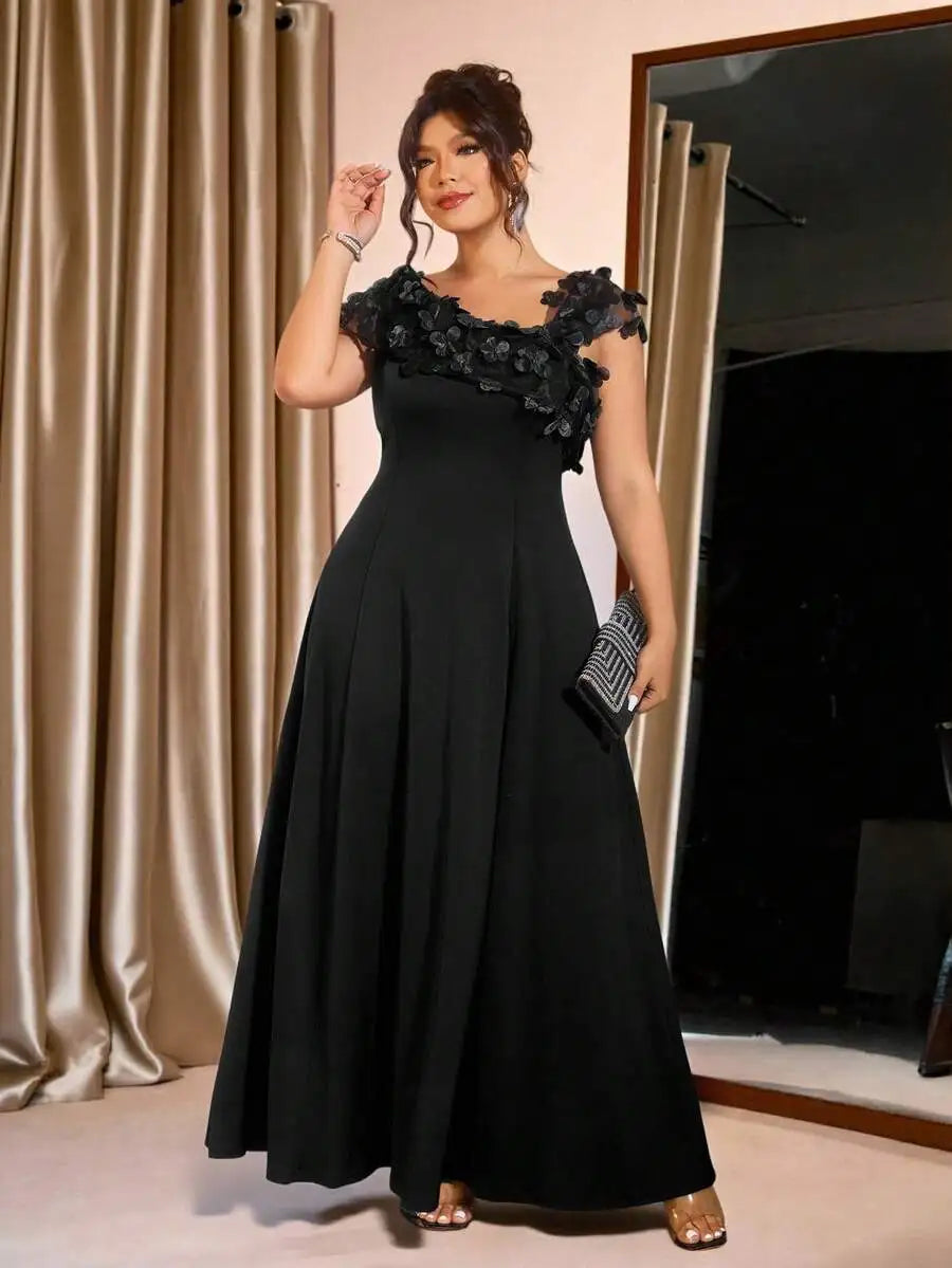 Plus Size Women Oblique Shoulder Floral Mesh Patchwork Evening Gown Party Dress