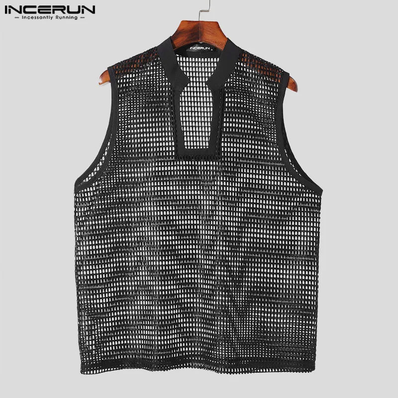 Visco Men Tank Tops Solid Color Stand Collar Sleeveless Hollow Out Male Vests Transparent Streetwear Fashion Men Clothing INCERUN