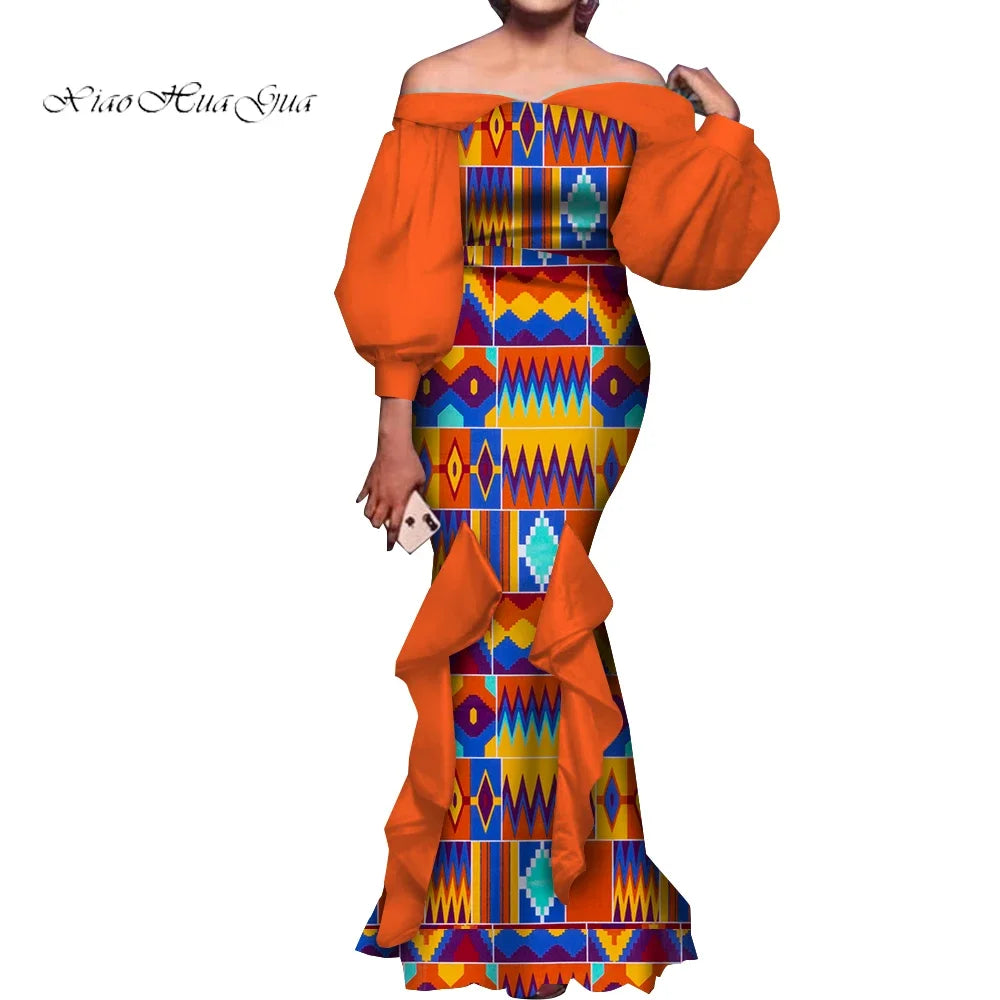 Amay Fashion Women Ankara Dresses Flash Neck Puff Sleeve Long Dress African Dress Robe Africaine Femme Evening Mermaid Dress WY1848