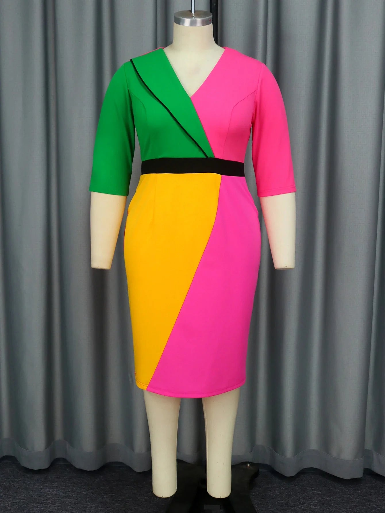 Plus Size 4XL Color Block Dress Women Patchwork Turn Down Collar Elegant Slim Fit  Fashion Office Ladies Classy 2024 New Trendy
