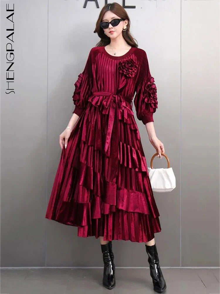 Maxy Evening Party 3D Flowers Dresses Women Round Collar A Line Lace-up Solid Color New Irregular Ruffles Dress 5G274