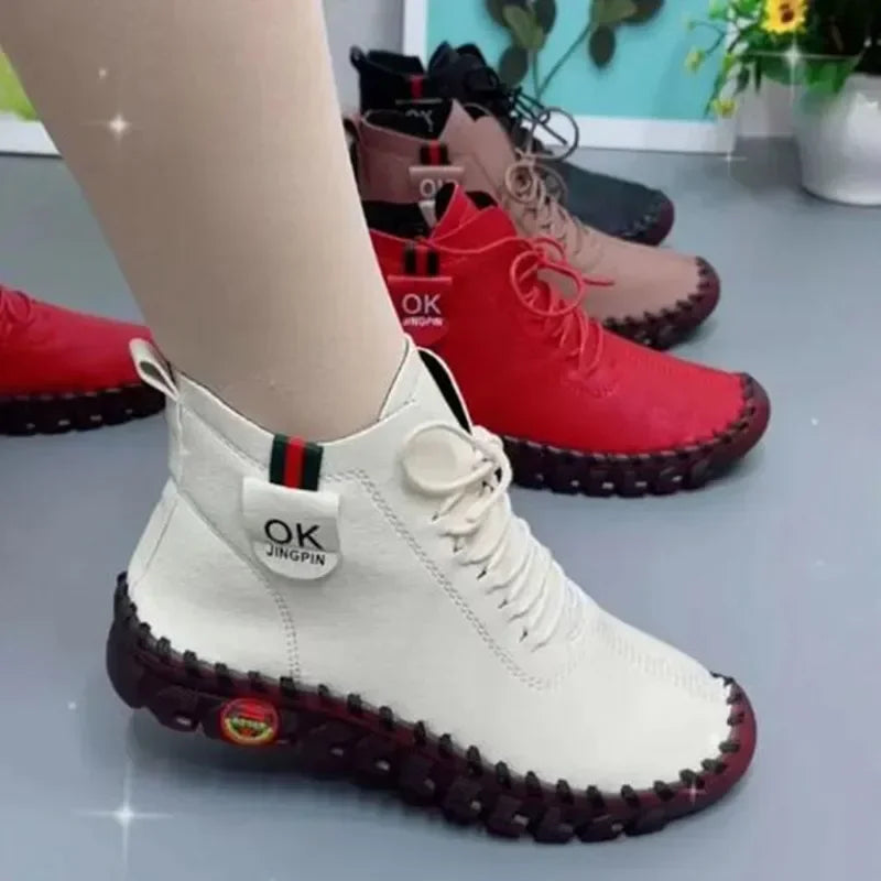 Maxy NEW Women Shoes Autumn Loafers Lace Up Sneakers Casual Flats Solid Soft Bottom Boots Leather High-Top Sneaker Female Shoes