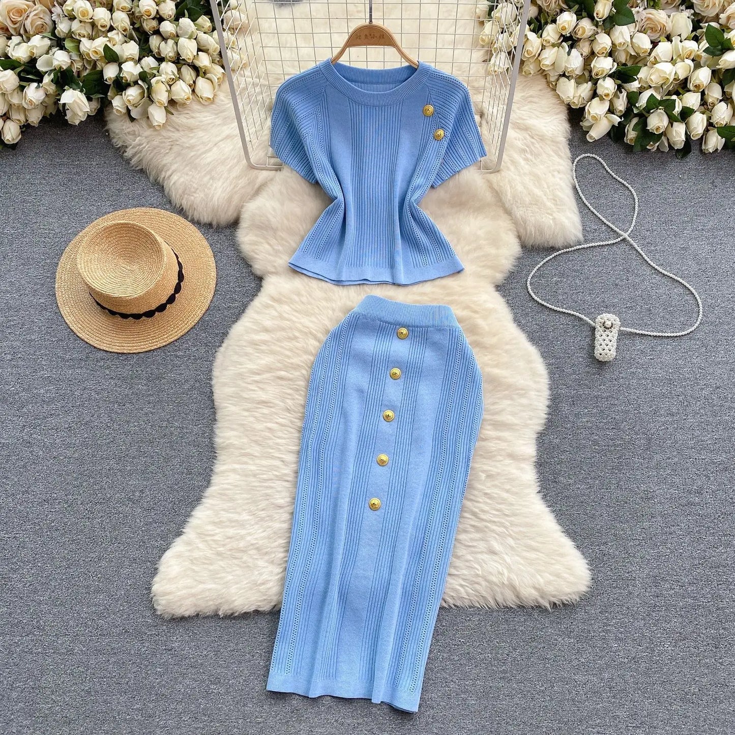 Maxy Skirt Set Women Two Piece Sets Dress Sets Short Sleeve Knitted Tops High Waist Long Skirts Elegant Splice Y2k Streetwear Work
