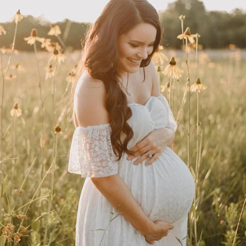 Maxy Pregnant Women Off Shoulder Ruffle Sleeve Lace Maternity Gown Maxi Photography Dress Elegant Pregnancy Dresses for Photo Shoot
