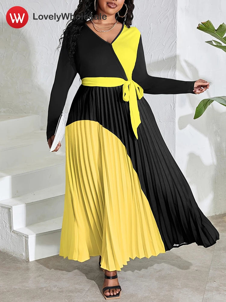 Maxy Plus Size Pleated A Line Dress for Women Spring Long Sleeve Midi Dresses Female Elegant Contrast Patchwork Dress Lady