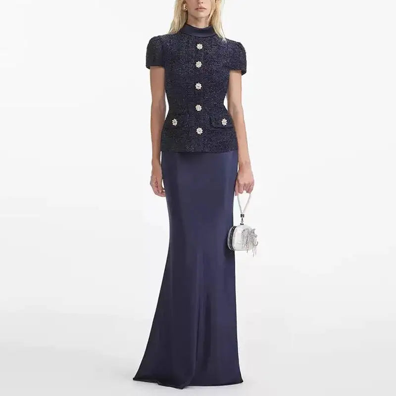 Maxy Formal Luxury Evening Dresses Women Summer Autumn Single Breasted Crystal Satin Tweed Long Dress Blue Party Dinner