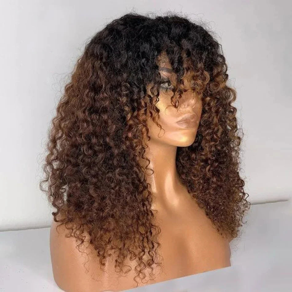 Amay Soft Ombre Honey Blonde 180 Density 26“ Long Kinky Curly Machine Wig With Bangs For Black Women Glueless High Temperature Daily