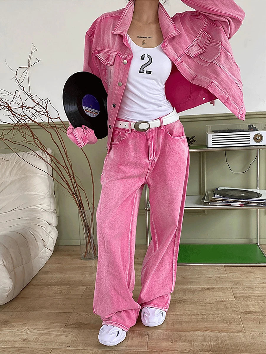 Maxy Denim Jacket Baggy Jeans Women 2-piece Set Y2k Pink Oversized Long Sleeves Statue Outer Wide Leg Casual Pants Suit