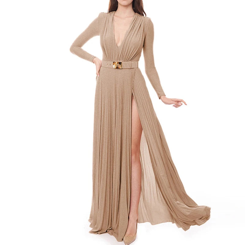 Maxy Women Fashion High Waist Slim Solid Long Dress Elegant Long Sleeve Party Dress Sexy Deep V-neck Draped Solid Evening Dress