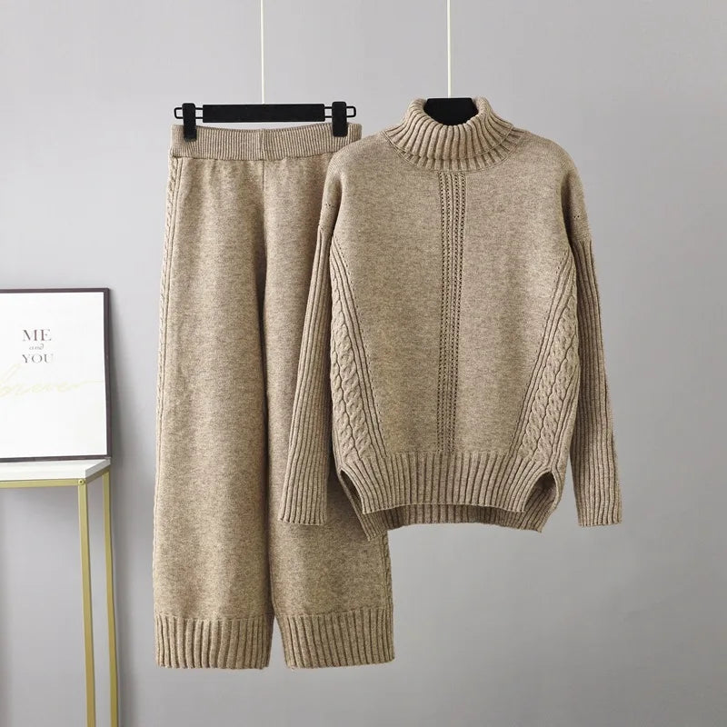 Maxy HLBCBG Cashmere Women Tracksuits Knitted Thick Women Turtleneck Sweater 2/Two Piece Sets Drawstring Harem Pants Suits Outfits