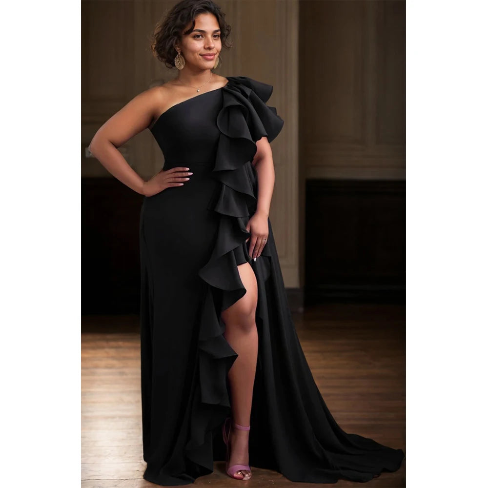 Amay Plus Size Party Long Black Dresses for Women Sexy One Shoulder Ruffle Trim Split-Front Elegant Wedding Prom Maxy Dresses
