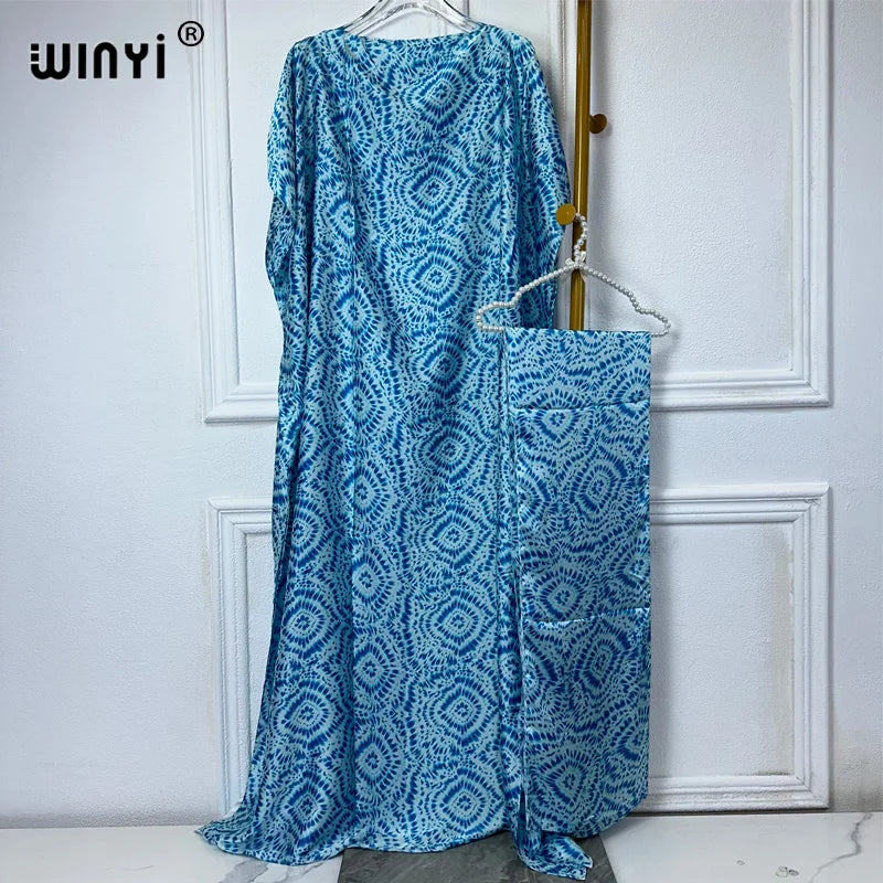Maxy Muslim African dresses turkey dresses for women luxury Crew Neck Tie-dye print Kaftan Dress, Elegant Length Dress