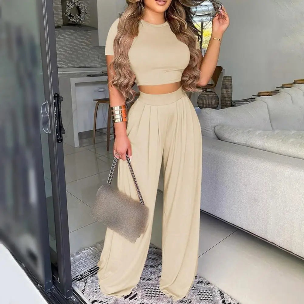 Maxy Summer Elegant Women Solid Casual Fitness Tracksuit Set Outfits Short Sleeve Crop Tops Trouser Flare Pants 2 Two Piece Set