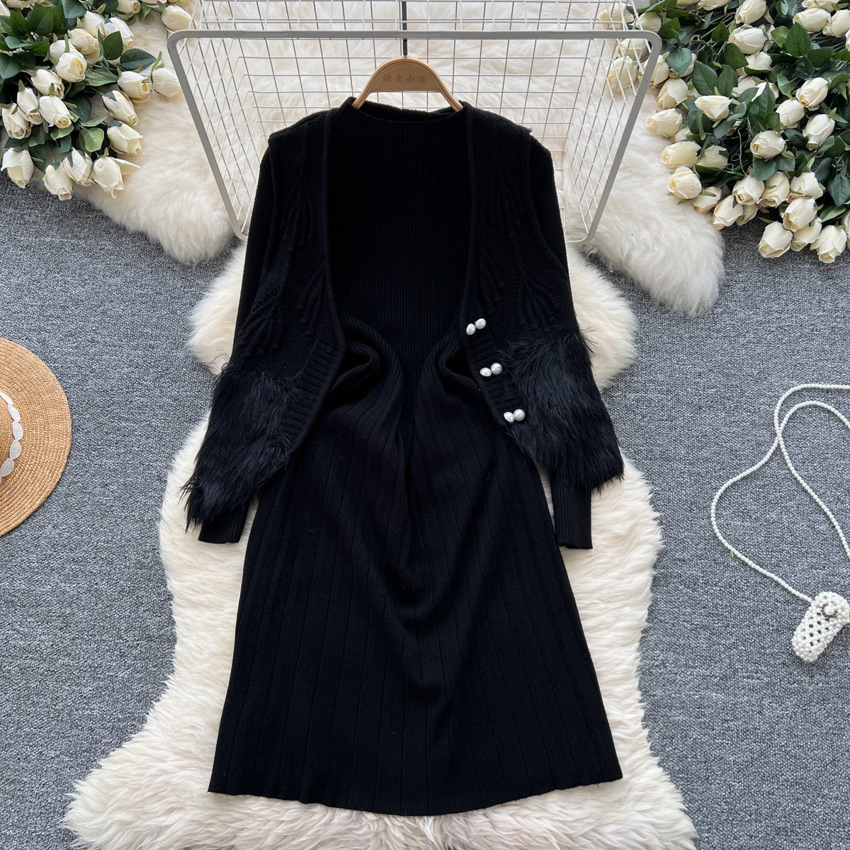 Maxy Chic Women Two-Piece Sets Basics O-neck Long Sleeve Knit Dress Slim Open Stitch Pearl Button Vest Elegant Evening Party Clothing