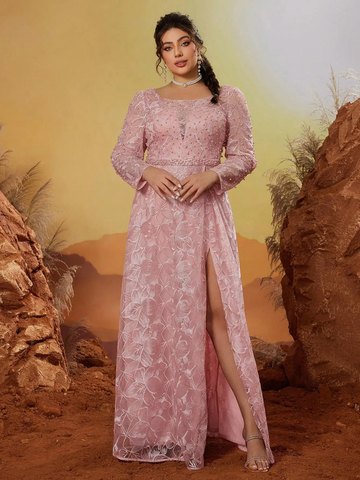 Maxy Andoke round-necked puffed-ball embroidery lace long-sleeved dress with appliquéd trim and side slit