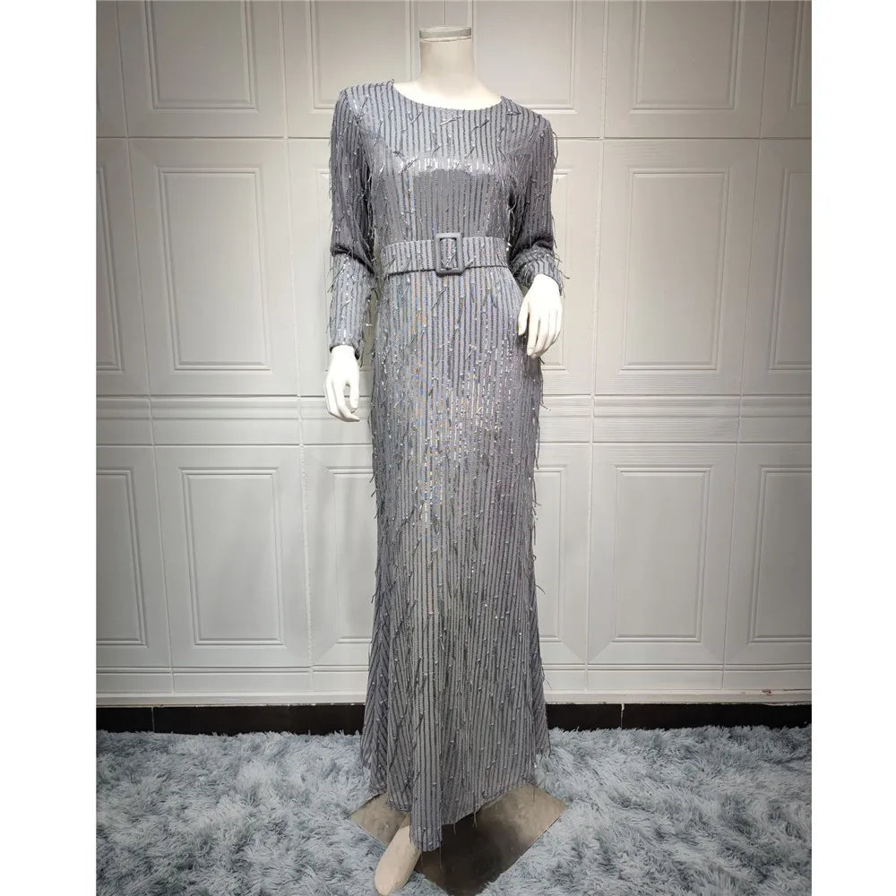Maxy Modest Muslim Women Abaya Sequins Beads Bodycon Long Dress Turkey Arab Kaftan Islam Evening Party Gown