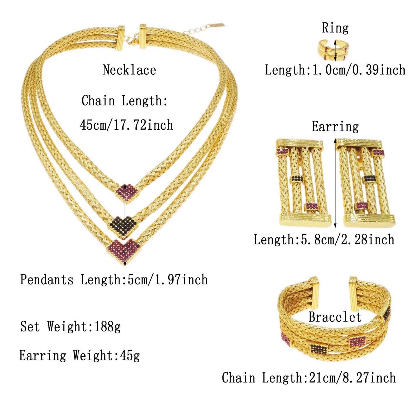 Amay new unique design jewelry set Italian gold plated three-layer copper ring advanced bride wedding necklac