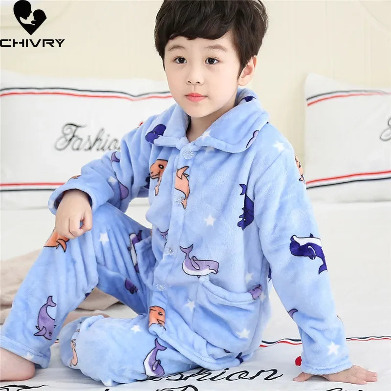 New Kids Max Pajama Sets Boys Girls Autumn Winter Thicken Warm Home Wear Cartoon Lapel Long Sleeve Sleeping Clothing Sets
