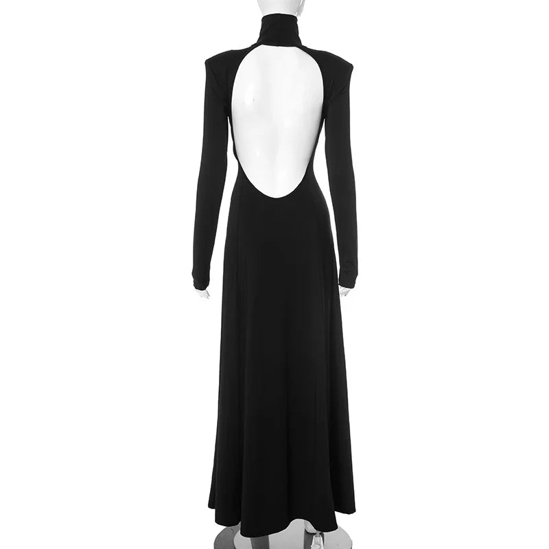 Maxy Autumn Elegant High Collar Evening Dresses Women Black Long Sleeves Backless Dress Fashion Bodycon Banquet Dress