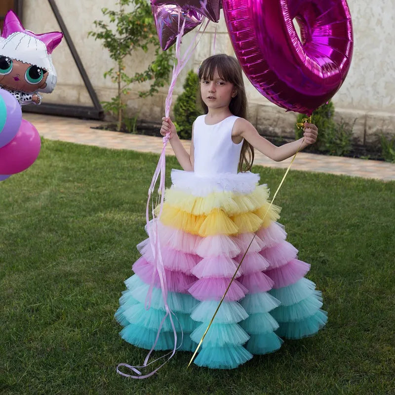 Maxy Baby Girl Princess Rainbow Layered Tutu Dress Infant Toddler Tulle Patchwork Vestido Evening Party Pageant Birthday  1-12Y