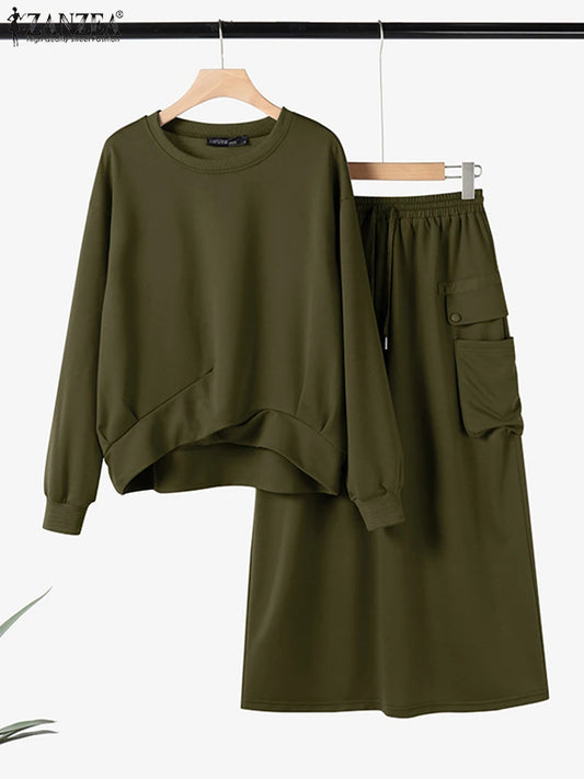 Maxy Winter Autumn Sweatshirts Dress Sets ZANZEA Women Long Sleeve Hoodies Tops Sundress OL Matching Sets Spring 2pcs Outfits