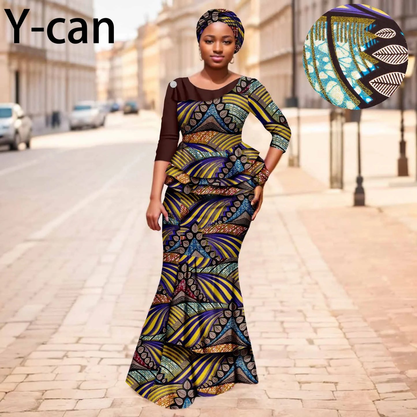 Maxy New African Dresses for Women Dashiki Print Patchwork Top and Mermaid Skirt Match Turban Traditional Wedding Party Dress 2526004