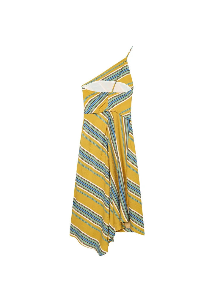 Maxy Women Asymmetrical Strap Dress Sexy Backless Sleeveless Striped Robes 2026 New Lady Elegant Slim Evening Party Long Dress