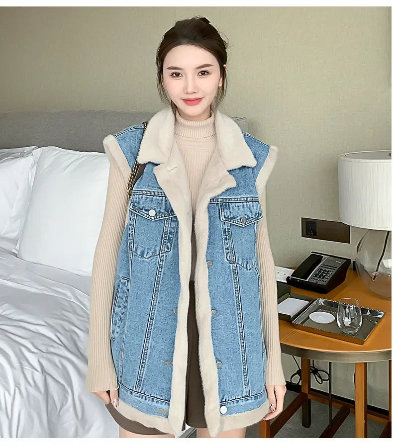 Maxy 2024 Winter New Korean Version of Retro Two-face Denim Waistcoat Women Loose Vest Plus Velvet Padded Jacket