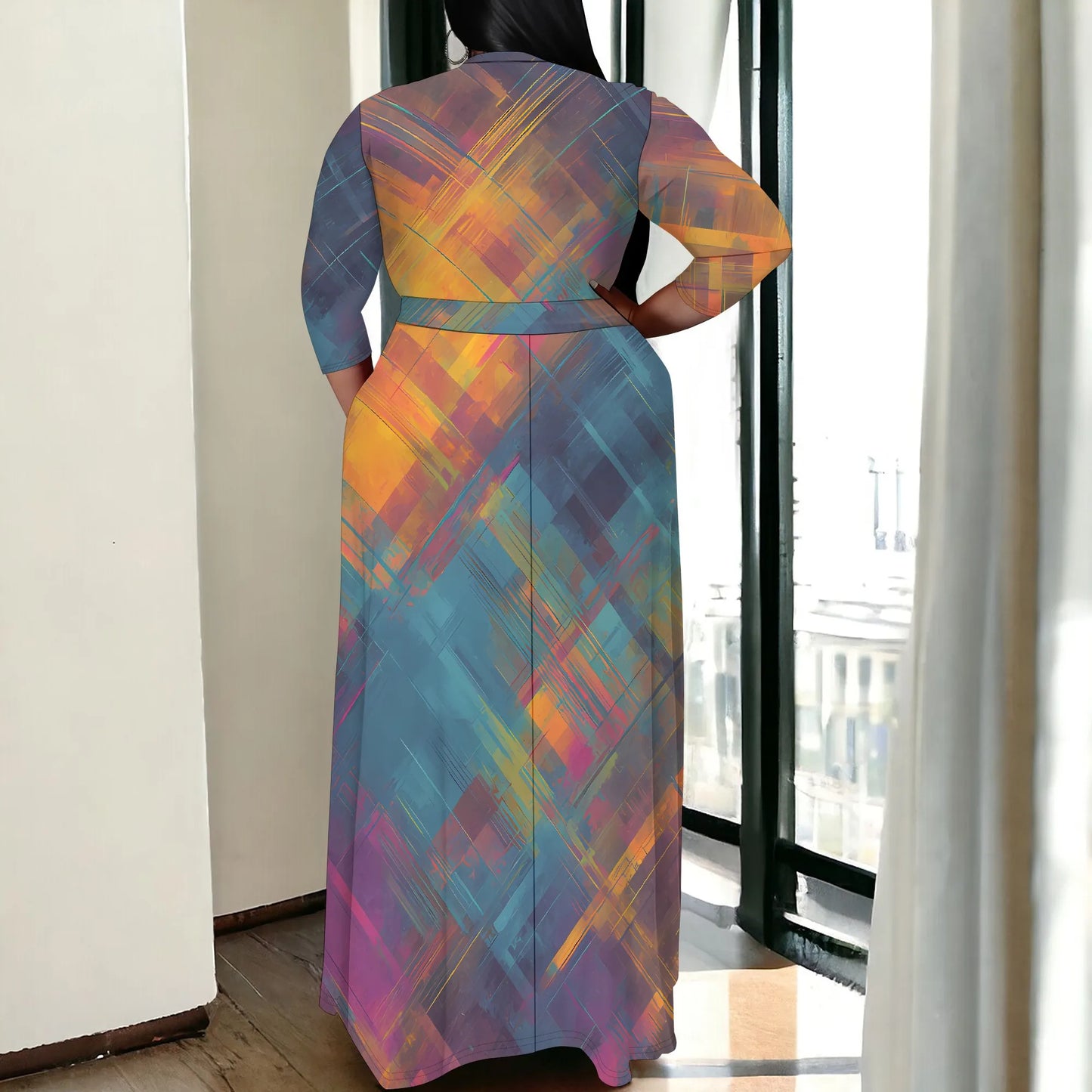 Maxy Plus Size Women's 3/4 Sleeve V-Neck Abstract Colorful Print Wrap Maxi Dress Fashion Boho Summer Style