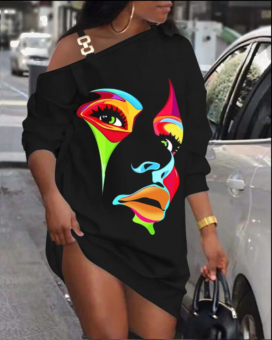 Maxy Autumn Women's Printed Mini Dress, Loose Fit Hollow Out Long Sleeve Party Club Dress